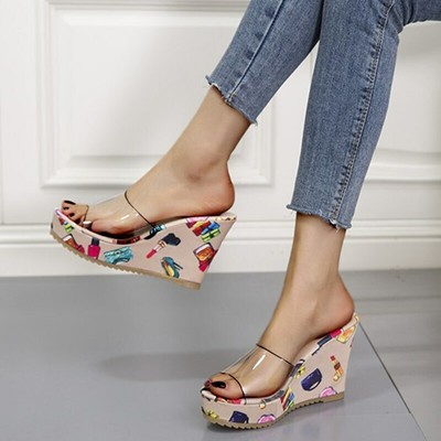 Women Transparent Pvc Wedges Heels Platform Slippers Sandals Beach Slides  Shoes | eBay