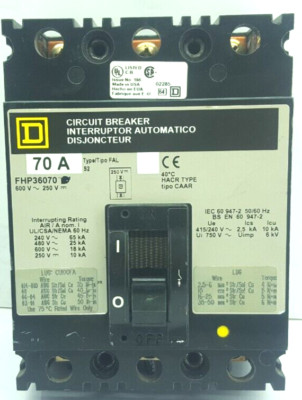 Square D FHP36070 3 Pol 70 Verstärker Schutzschalter 600V 250V / Geprüft Ok