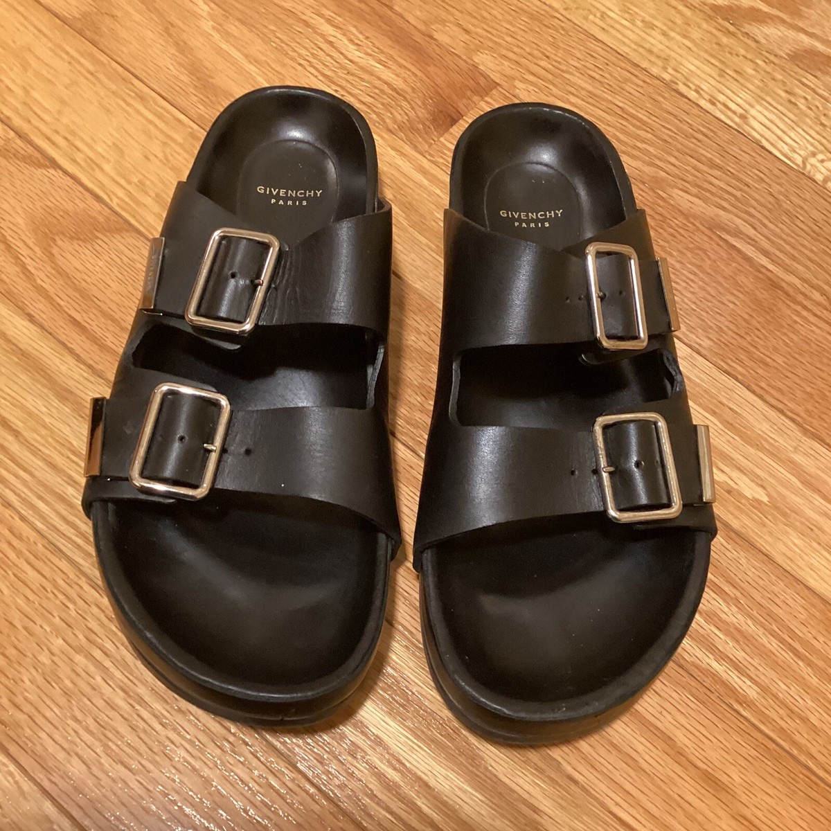 Givenchy Logo Double Buckle Slides Sandals Black Leather  display picture 1