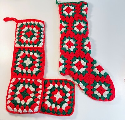 Vtg 70s 80s Retro Granny Square Christmas Stocking Set Red Hand Crochet Mod