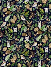 Christmas Fabric | Winter Woodland Leaf Tree Rabbit Owl | Dear Stella Yard