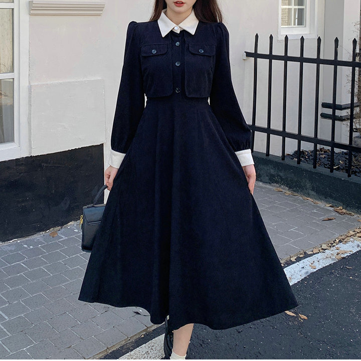 Womens Elegant Fake Two Piece Long Sleeves High Waist Slim