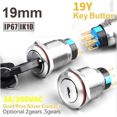 19mm 2/3Position Maintain Stainless Steel Key Knob Switch1NO/1NC Lock Electronic