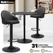 3 Pcs Bar Stools Pub Wooden Table Set Adjustable Height Dining Set Leather Seat