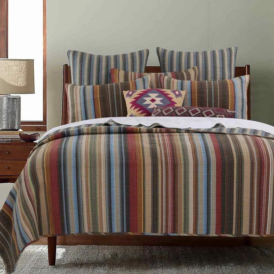 BEAUTIFUL LODGE CABIN BROWN RED BLUE RUST GREEN STRIPE RUSTIC COZY QUILT SET - Image 3 of 3