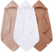 3 Pack Muslin Hooded Baby Bath Towels 100 Cotton 32x32 Inch Bean Paste