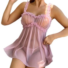 Sweet Nightdress Sexy Lace Bow Dress Babydoll Sleepdress With Thong Lingerie Set