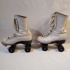 Vintage Chicago Roller Skates White Leather Quad Skates Size 4 Panther Wheels