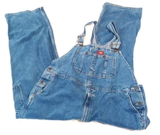 Dickies Bib Overalls Dungarees Men 42x32 Blue Denim Ranch Farm Work READ-WORN
