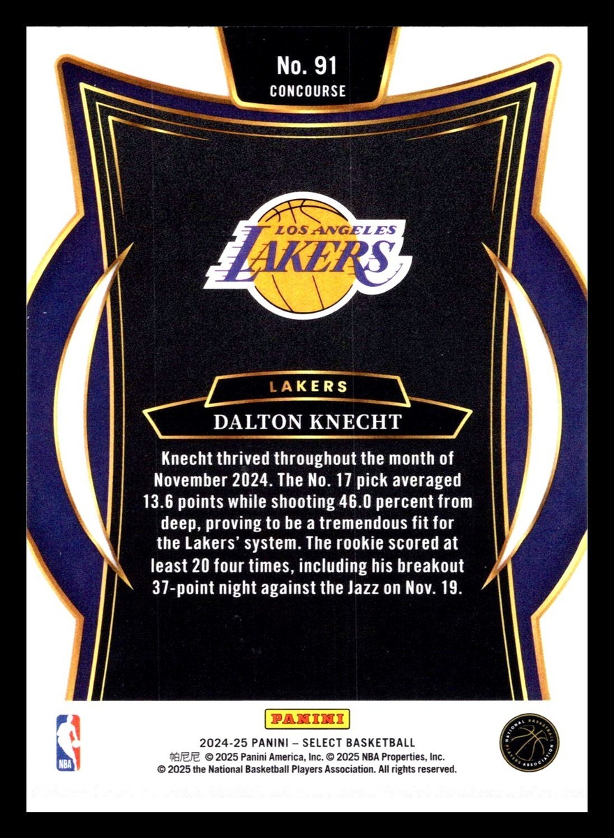 2024-25 Select Dalton Knecht Concourse Base #91 RC Rookie Lakers