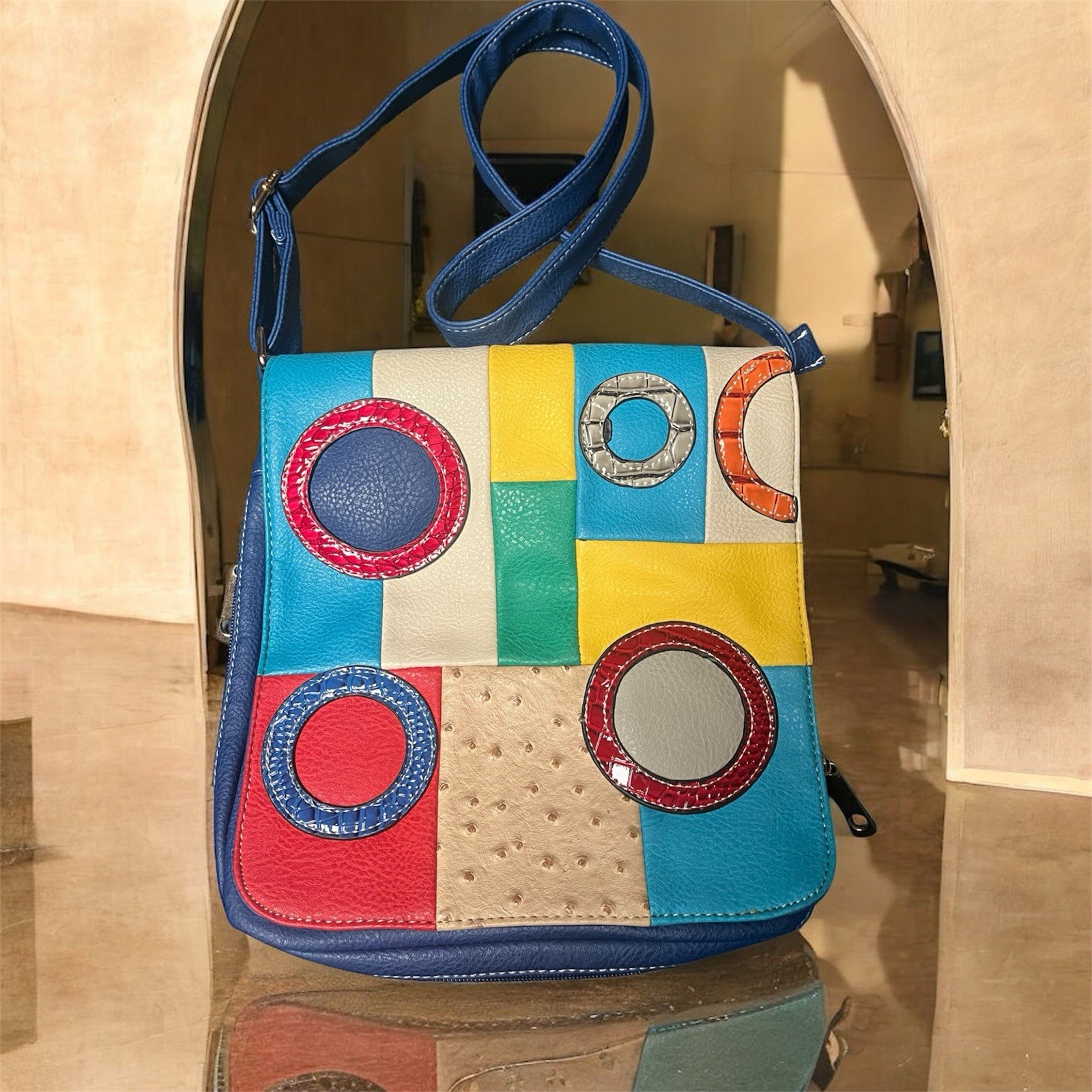 Colorful Patchwork PU Leather Blue Crossbody Mess… - image 2