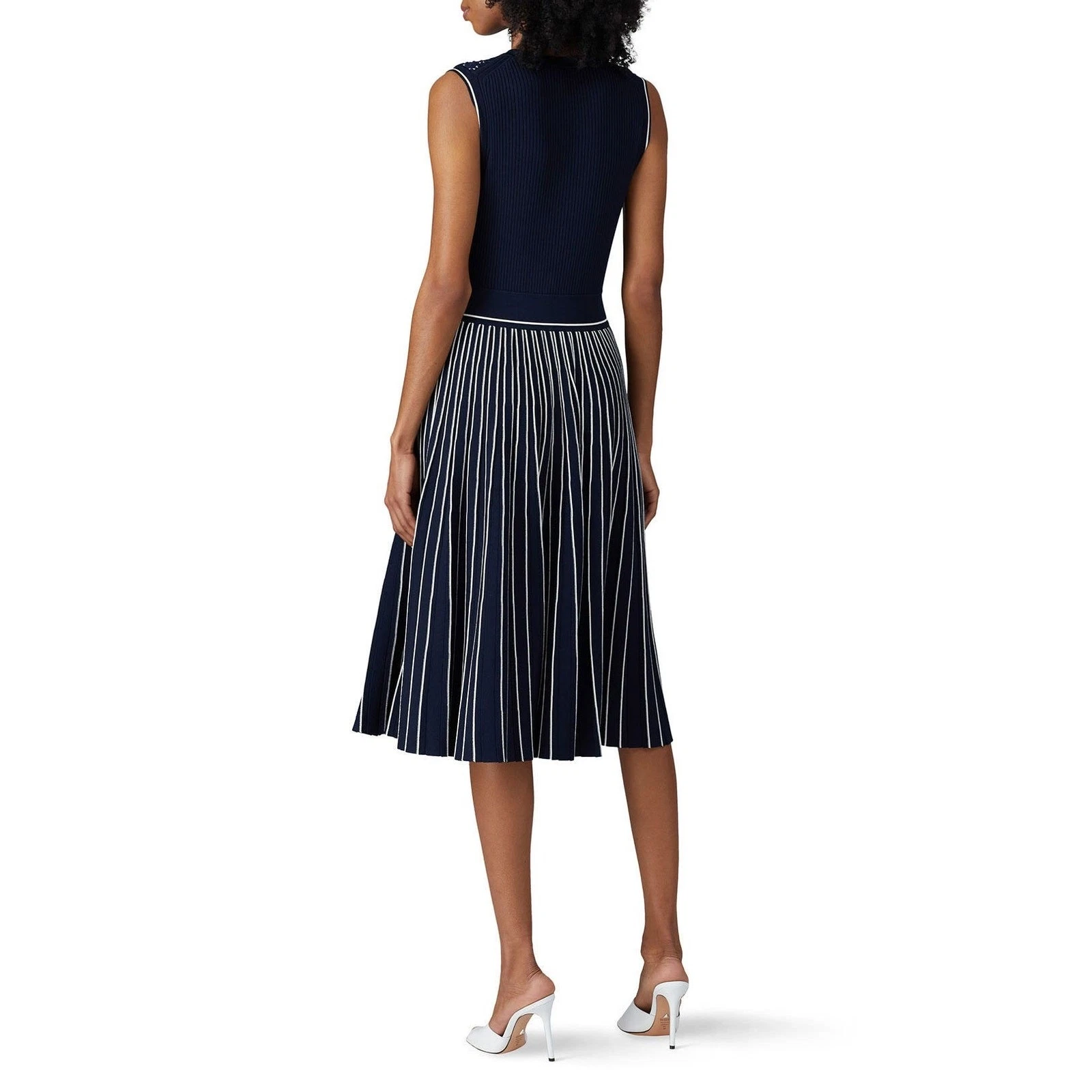 Abito maglione midi Tory Burch blu navy senza maniche plissettato maglia girocollo taglia XS