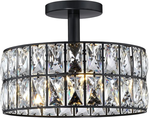 Crystal Farmhouse Drum Semi Flush Close to Ceiling Lamp Fixture BLACK