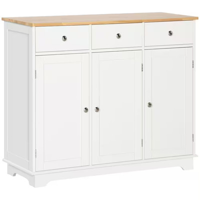 Modern White Sideboard with Rubberwood Top and Drawers