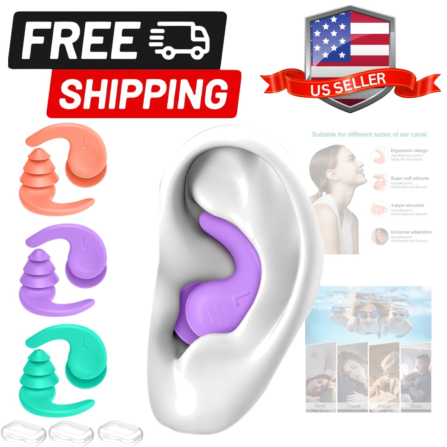 Lightweight Silicone Ear Plugs for Swimming, Surfing & Snorkeling - 3-Pair Set