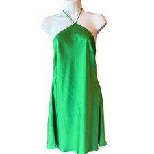 Beige Botany Green Halter Neck Satin Slip Dress Open Back A Line Size Medium