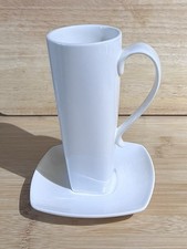 Pausa Dinnerware Tall Elegant White Latte Cup and Saucer Set, 8floz, 15cm Tall
