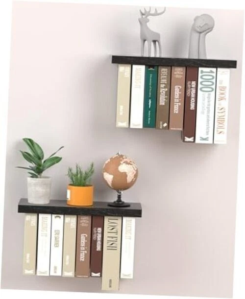 Set of 2 Wood Hanging Bookshelf Floating Book Shelves for Wall Mounted - Black