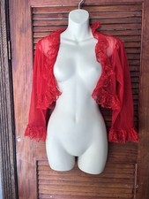 Vintage Red Sheer Nylon Bed Jacket Mini Robe Lace Trim Open Front