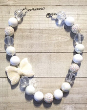 Girls Necklace Chunky Bead White Sparkle Bow