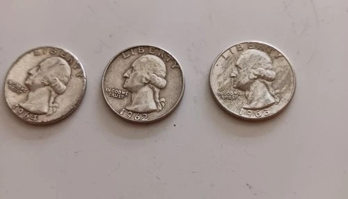 3 US Silver Quarters, 1950s - 1960s, circulated condition