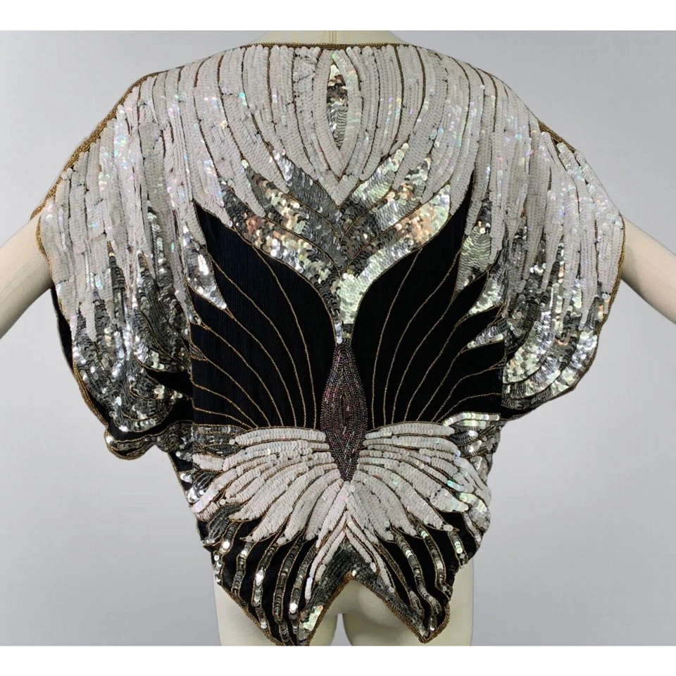 Top Mariposa Años 80 Lillie Rubin Noche Negro Blanco y Plata Lentejuelas y Cuentas Foto 2 de 4