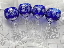 Set of 4 Cobalt Hock Wines, 24% Lead Crystal by Ajka Hand Cut, 8" tall, 7 oz