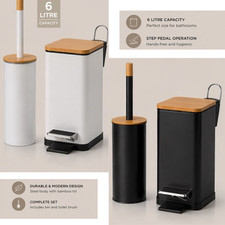 Bathroom Pedal Rubbish Waste Bin and Toilet Brush Holder Set - 6 Litre