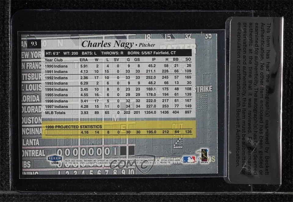 BAS 1998 Fleer Sports Illustrated Charles Nagy #93 Seal of Authenticity Auto - Image 2 of 2