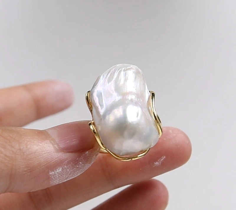 17.5x26.5mm Classic Natural White baroque kasumi pearl ring adjustable - Picture 1 of 12