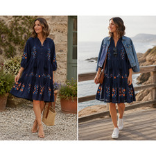 NWT Karen Kane Embroidered crochet tiered Dress Boulston Pintuck Navy S -$168