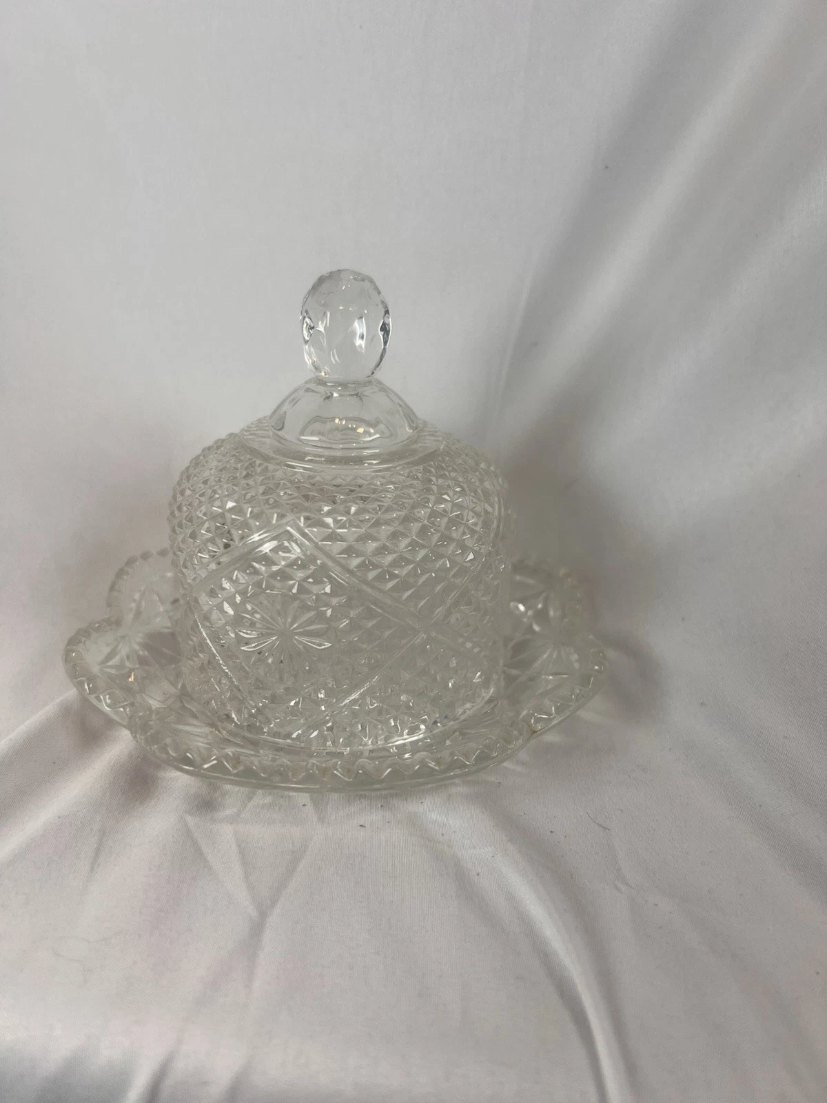 Vintage Clear Pressed Glass Butter Dish with Lid and Underplate Diamond Pattern