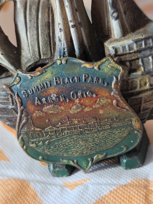 Antique Cast Iron SUMMIT LAKE PARK AKRON OHIO SOUVENIR Colorful Detailed Ship