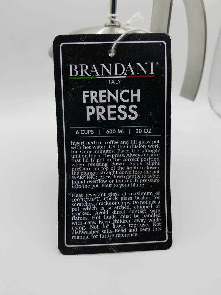 Brandani French Press Coffee Maker 6Cups Stainless Steel Italy Frame