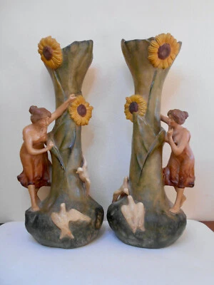 PAIRE DE STATUES VASES TERRE CUITE ART NOUVEAU ART FLORAL 1900 SIGNÉES F FOUCHER - Photo 1/4