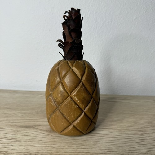 Red Mill MA Handcrafted Wooden Pineapple with Leather Crown Top Vintage USA Made