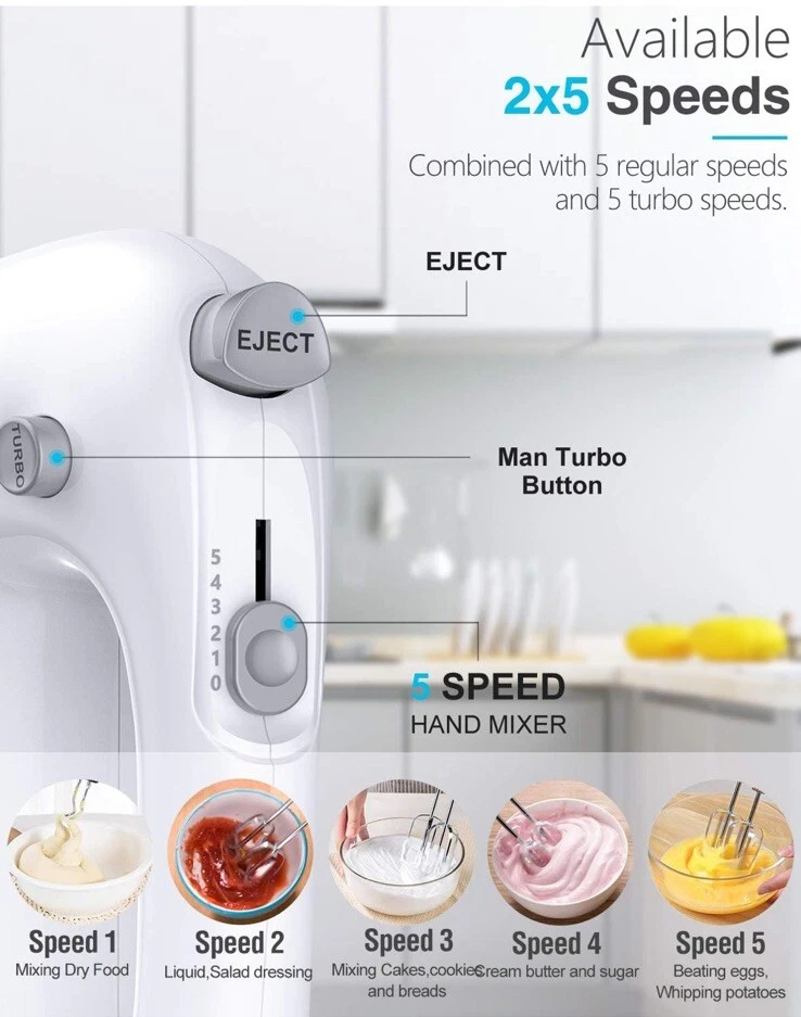 Liraip Electric Hand Mixer 5 Speed Turbo 400W Stainless Steel - Image 2 of 4