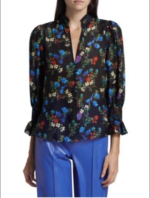 ALICE + OLIVIA Ilan Floral Blouse S BEAUTIFUL BLOOM BLUE Silk Cotton Blend