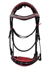 3 Row Browband With Red Padding Dressage Leather Bridle  Patent Noseband .
