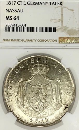 German States Nassau 1817 Taler Coin Thaler NGC MS 64 F.STG/STG VARIANT RARE