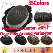 Mens Toupee French Lace Poly Around Skin Hairpiece Human Hair Replacement System