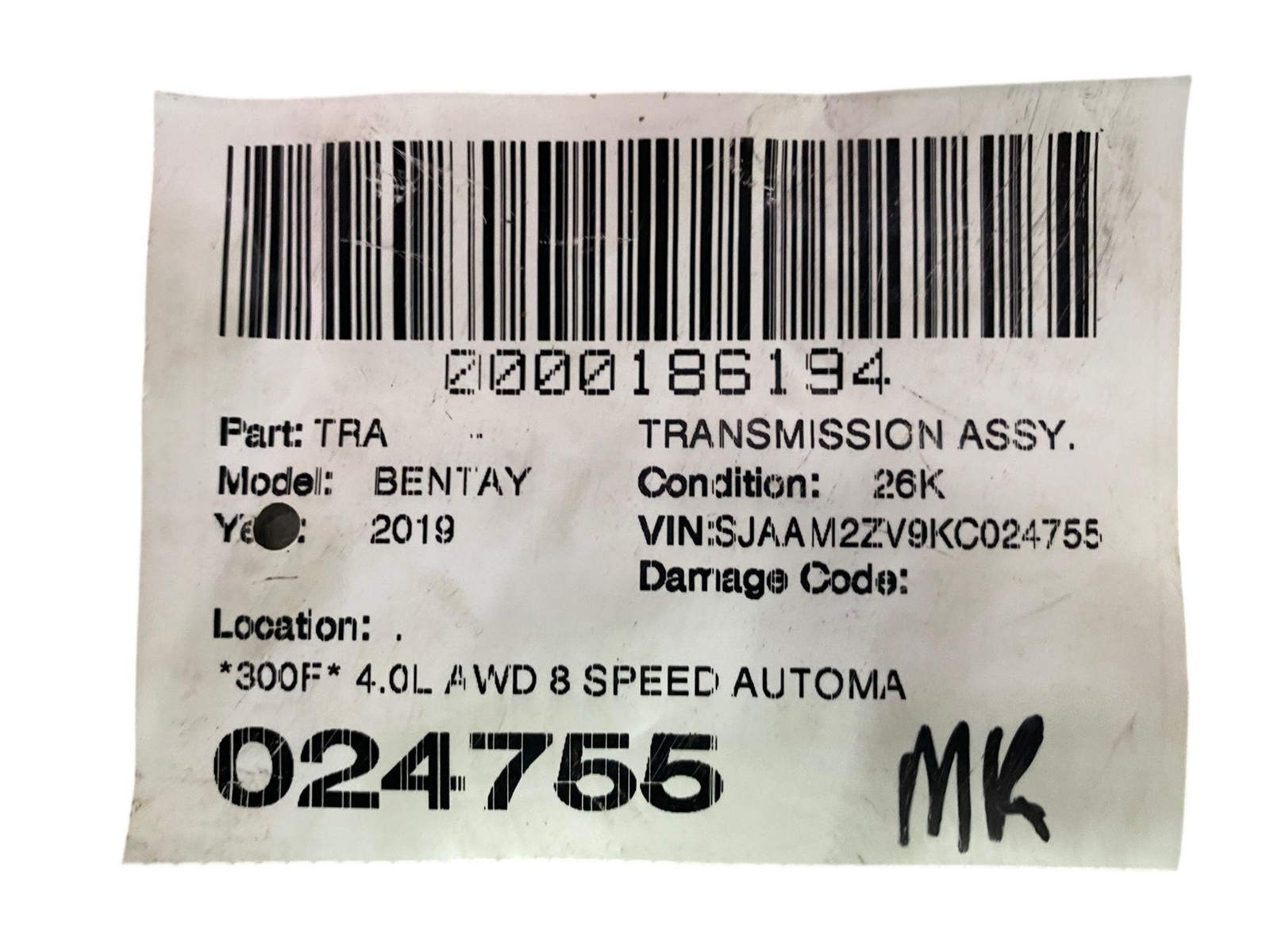 2016-2020 BENTLEY BENTAYGA 4.0L AWD 8 SPEED AUTOMATIC TRANSMISSION ASSEMBLY *26K