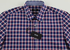 Men's HUGO BOSS Navy Red White Plaid Short Sleeve S/S Shirt Small S NWT NEW