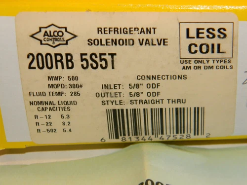 Alco Controls 200RB 5S 5T Solenoid Valve Less Coil, Inlet 5/8" ODF, Outlet 5/8"