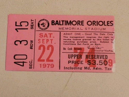 1979 MLB Baltimore Orioles Ticket Stub SEP 22 1979 v Cleveland Indians (3-7L) - Picture 1 of 7