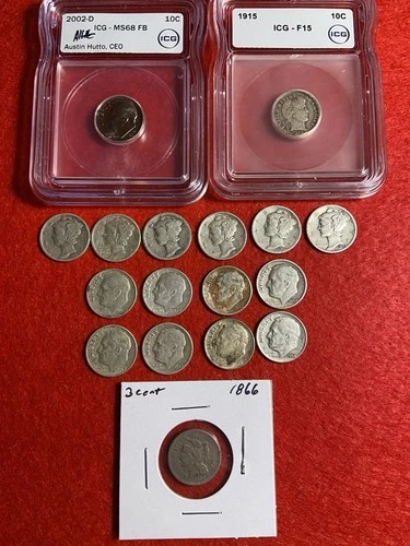 17 Psc Total, Mercury, Graded Barber, 1866 3 Cent And Assorted Silver Dimes!