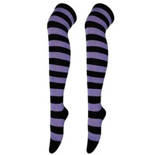Striped Patterned Socks Thigh High Purple and Black