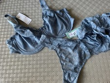 M&S FABULOUS BALCONY BRA 40F GREY BLUE WITH MATCHING THONGS X 3 SZ 18 BNWT