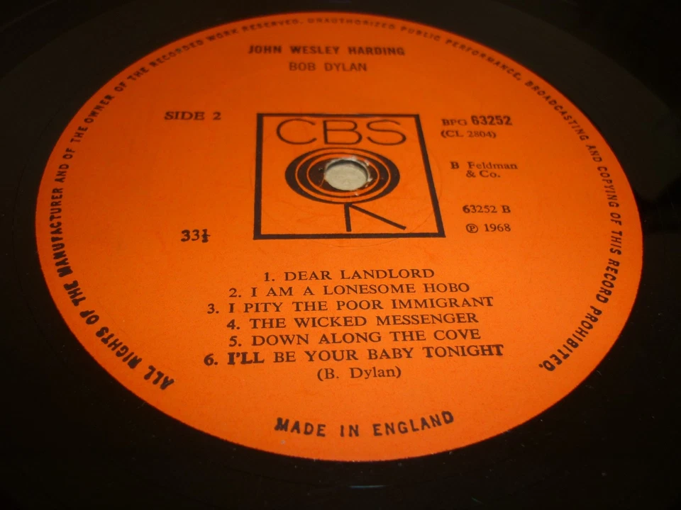 BOB DYLAN ' JOHN WESLEY HARDING '  ORIG UK 1968 LP  CBS 63252 ORANGE LABEL EX - Image 3 of 4