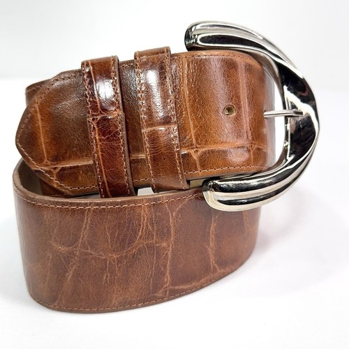 Linda Allard for Ellen Tracy Crocodile Belt Big Silver Tone Buckle Large Wide L - Picture 5 of 14